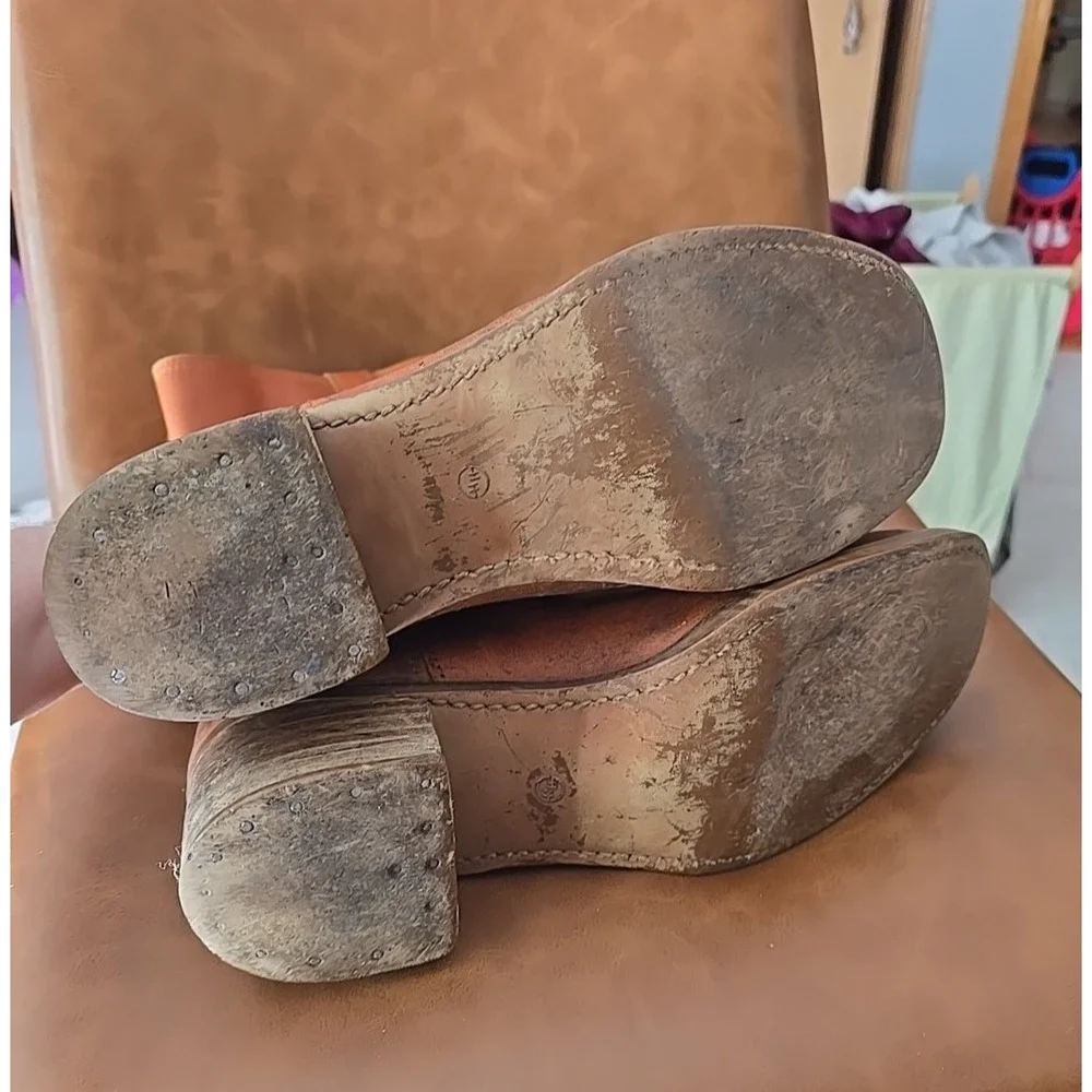 Vtg Double-H Orange Leather Round Toe Pull On Cowboy Western‎ Boots Mens 11D